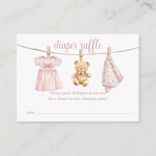 Diaper Raffle Clothesline Girl Baby shower Enclosure Card (Front)