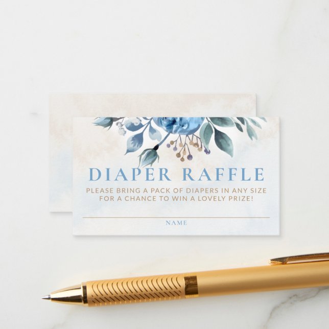 Diaper Raffle Dusty Blue Roses Bloom Baby Shower Enclosure Card (Front/Back In Situ)