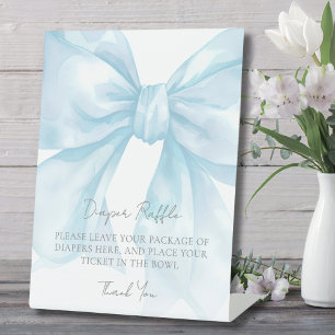Diaper Raffle Enclosure Card Blue Bow Baby Shower Pedestal Sign