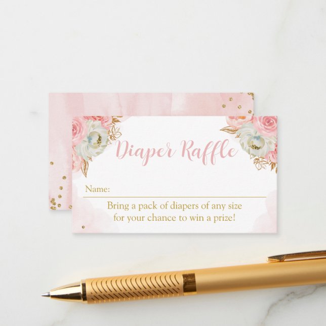 Diaper Raffle Floral pink and gold baby shower Enclosure Card (Front/Back In Situ)