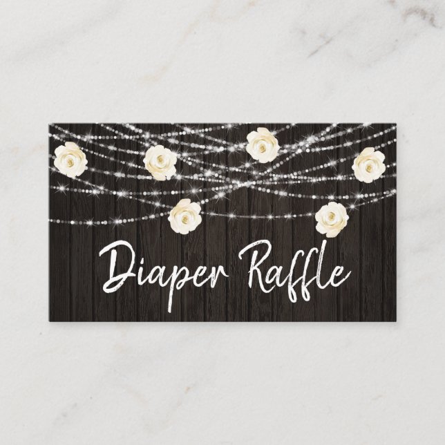 *~* Diaper Raffle Floral Wood Rustic String Lights Enclosure Card (Front)