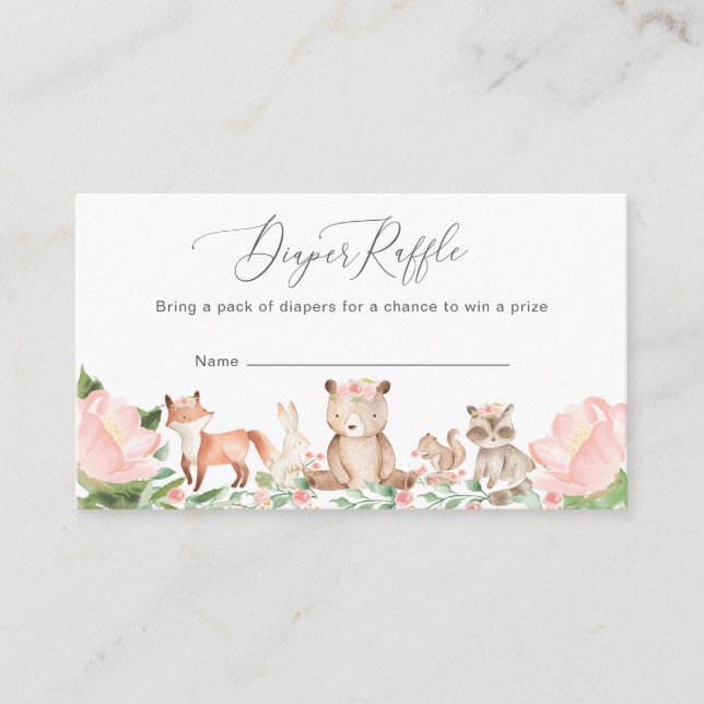 Diaper Raffle Girl Woodland Animals Baby Shower En Enclosure Card (Front)