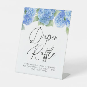 Diaper Raffle Hydrangea Blue Flowers Baby Shower Pedestal Sign