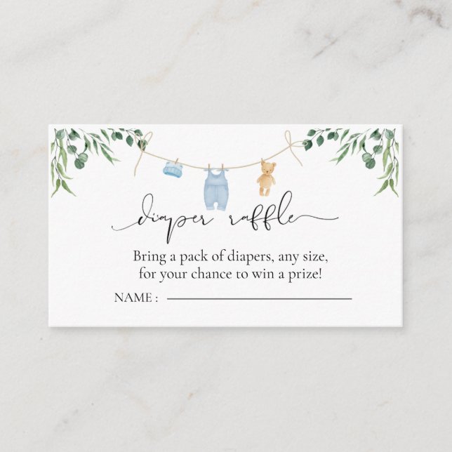 Diaper Raffle Laundry Blue Greenery Baby Shower Enclosure Card (Front)