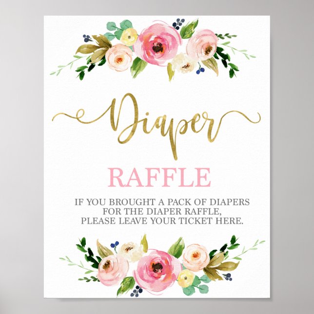 Diaper Raffle pink and gold floral sign (Front)