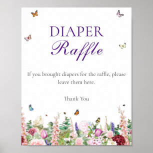 Diaper Raffle   Pink Purple Flowers & Butterflies Poster