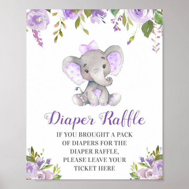 Diaper Raffle Purple Elephant Baby Girl Shower Poster (Front)