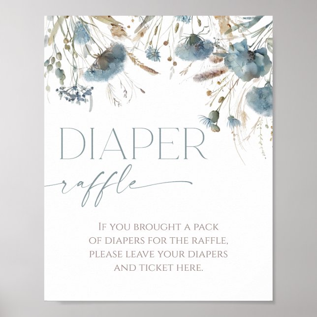 Diaper raffle sign boho dusty blue wildflower (Front)