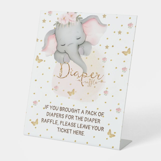 Diaper raffle sleeping elephant pink  pedestal sign (Front)