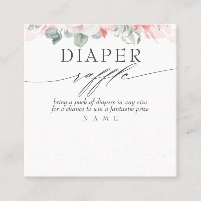 Diaper Raffle Soft Pink Floral Baby Shower Square Business Card (Front)