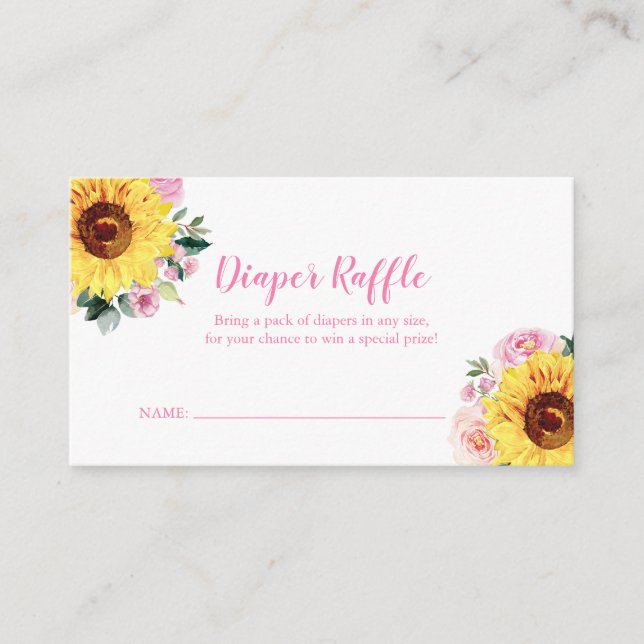 Diaper Raffle Sunflower Pink Floral Baby Shower Enclosure Card (Front)