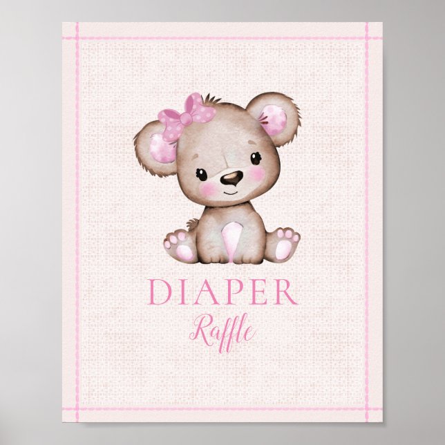 Diaper Raffle Table Cute Girl Bear Baby Shower Poster (Front)