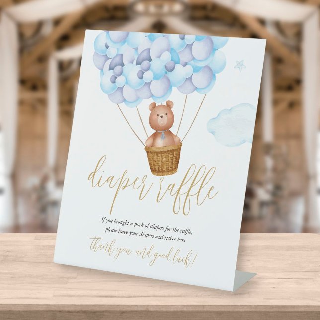 Diaper Raffle Teddy Bear Blue Balloons Baby Shower Pedestal Sign (Creator Uploaded)
