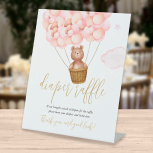 Diaper Raffle Teddy Bear Pink Balloons Baby Shower Pedestal Sign