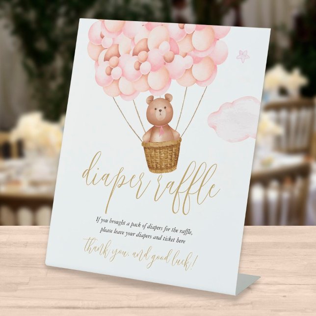 Diaper Raffle Teddy Bear Pink Balloons Baby Shower Pedestal Sign (Creator Uploaded)
