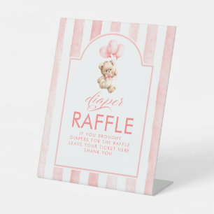 Diaper Raffle Teddy Bear Pink Stripes Baby Shower Pedestal Sign