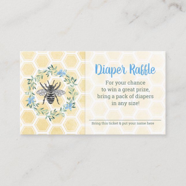 Diaper raffle ticket bee honeycomb gingham blue enclosure card (Front)