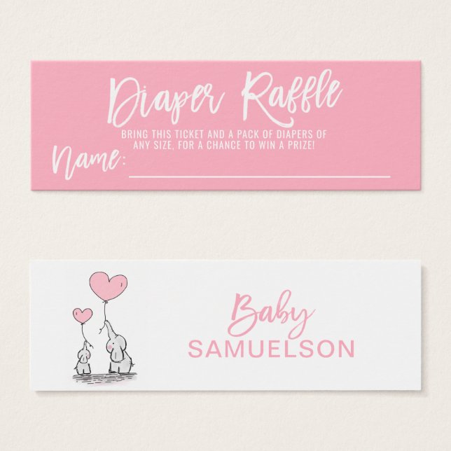 DIAPER RAFFLE Ticket Pink Elephant Baby Shower (Front & Back)