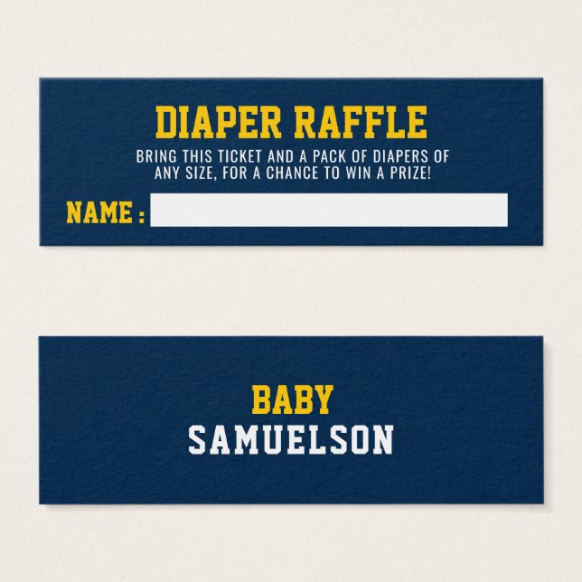 DIAPER RAFFLE Ticket Sport Blue Yellow Baby Shower (Front & Back)