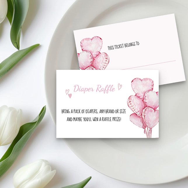 Diaper Raffle Ticket with Pink Heart Balloons Enclosure Card (Diaper Raffle Tickets from the little sweetheart themed Car and Balloons collection by Darling & May)