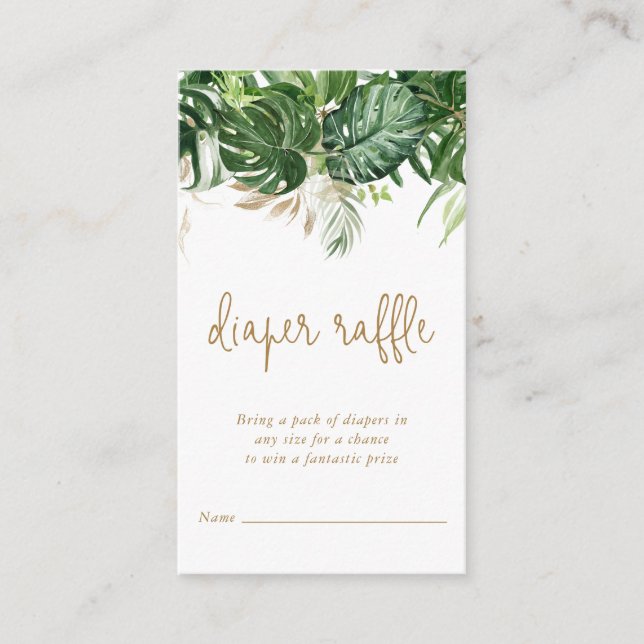 Diaper Raffle Tropical Greenery Gold Baby Shower Enclosure Card (Front)