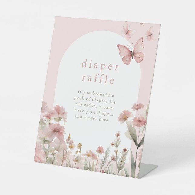 Diaper raffle wildflowers butterfly baby shower pedestal sign (Front)