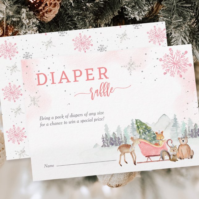 Diaper Raffle Winter Woodland Girls Baby Shower Enclosure Card (Creator Uploaded)
