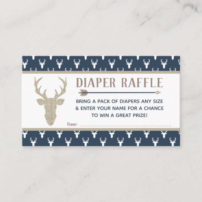 Diaper Raffle, Woodland Deer, Navy Blue, Burlap Enclosure Card (Front)