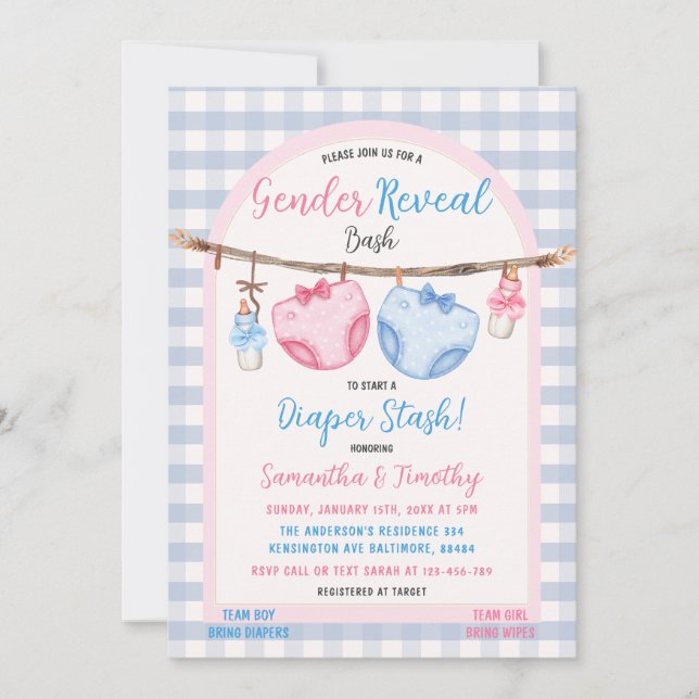Diaper Stash Boy or Girl Gingham Gender Reveal Invitation (Front)