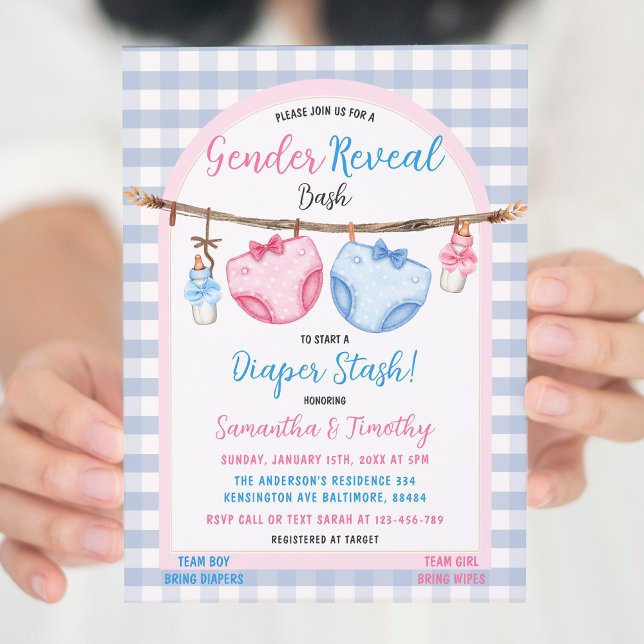 Diaper Stash Boy or Girl Gingham Gender Reveal Invitation (Creator Uploaded)