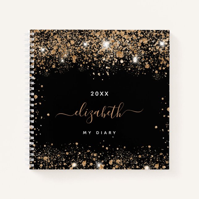 Diary black gold glitter dust name script notebook (Front)
