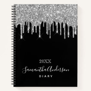 Diary black silver glitter drips name notebook