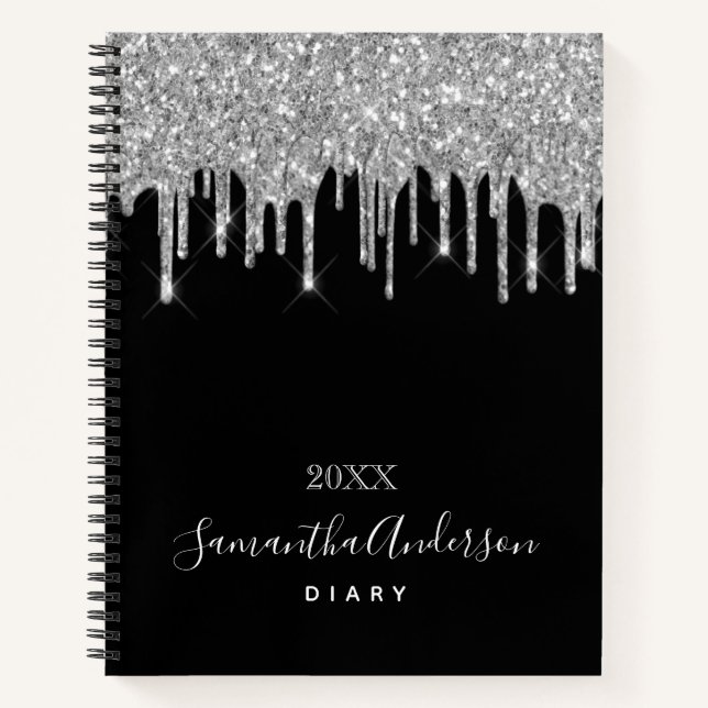 Diary black silver glitter drips name notebook (Front)