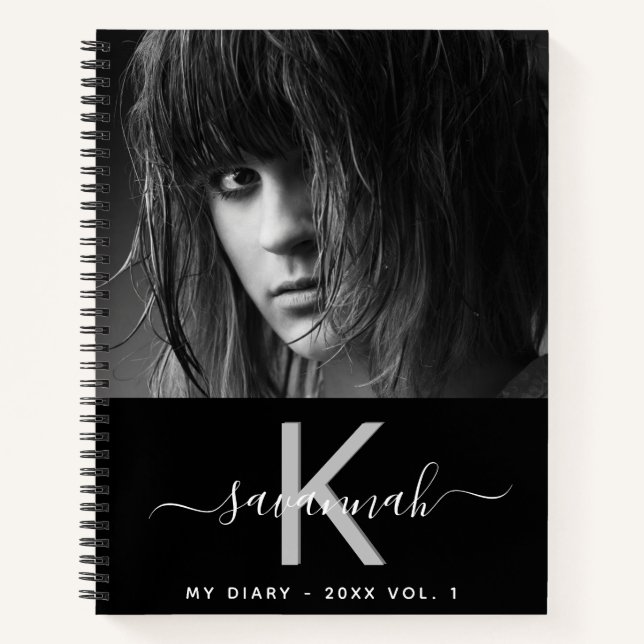 Diary black white photo monogram script notebook (Front)