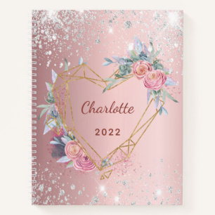 Diary blush pink floral silver glitter notebook