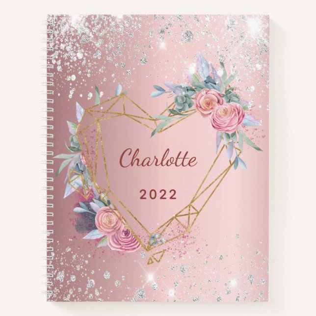 Diary blush pink floral silver glitter notebook (Front)