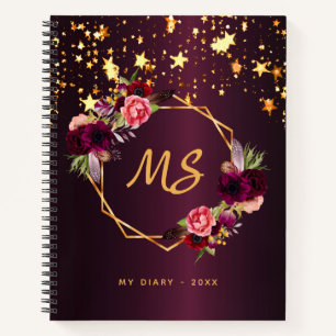 Diary burgundy gold stars geometric flowers notebook