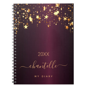 Diary burgundy gold stars monogram name modern notebook