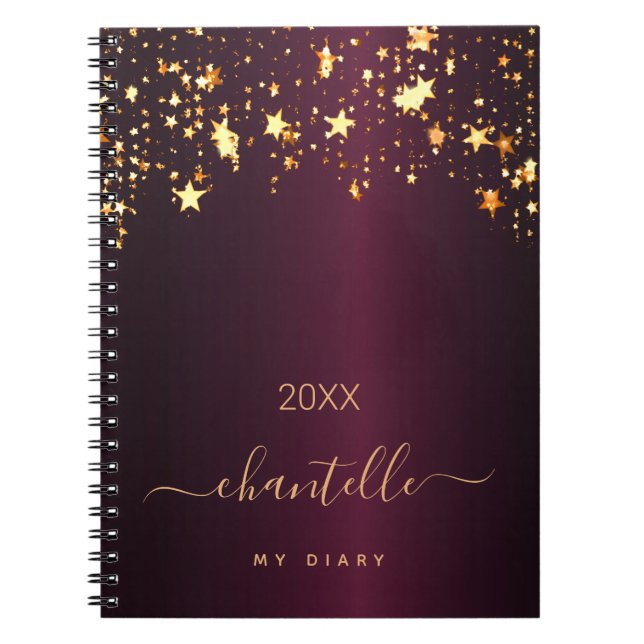 Diary burgundy gold stars monogram name modern notebook (Front)