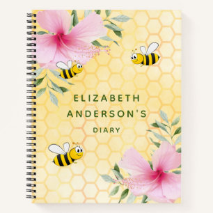 Diary happy bees pink florals name notebook