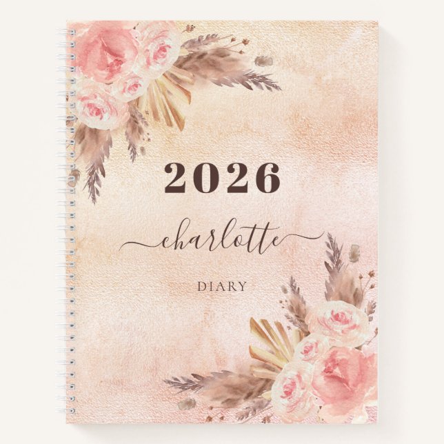 Diary pampas grass rose gold florals name 2023 notebook (Front)