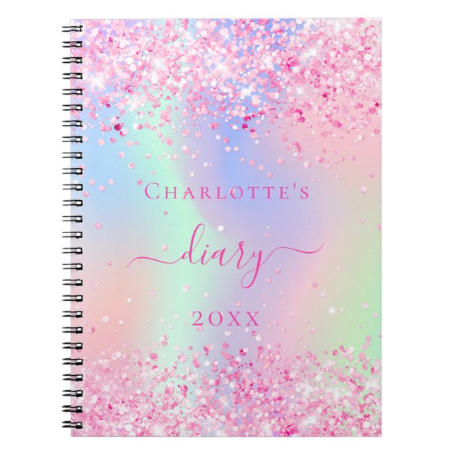 Diary pink glitter holographic unicorn name notebook (Front)