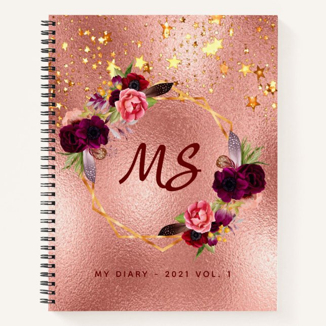 Diary rose gold floral gold geometric monogram notebook (Front)