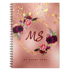 Diary rose gold flowers burgundy stars monogram notebook