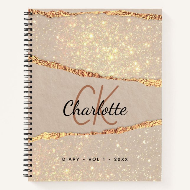 Diary rose gold glitter agate marble monogram notebook (Front)