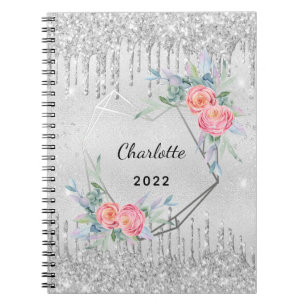 Diary silver floral glitter blush pink name 2022 notebook