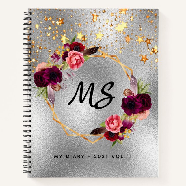 Diary silver gold floral burgundy monogram notebook (Front)