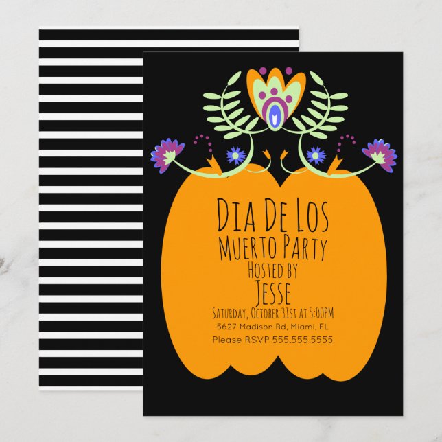 Dias De Los Muerto Pumpkin Folk Florals Invitation (Front/Back)