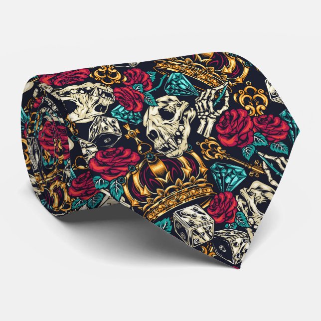Dice skull rose crown eccentric gambling pattern tie (Rolled)