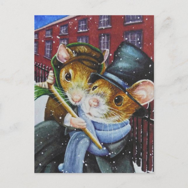 Dickens Christmas Carol Mice Watercolor Art Postcard (Front)